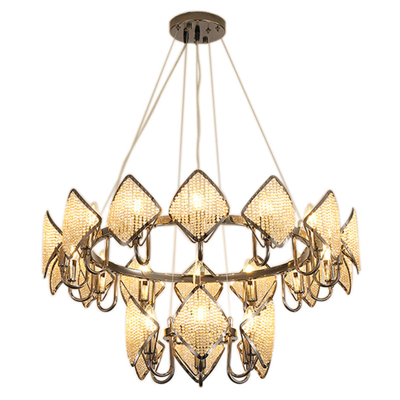 Postmodern Ring Ceiling Chandelier With Rhombus Crystal Shade - Elegant Metal Living Room Light