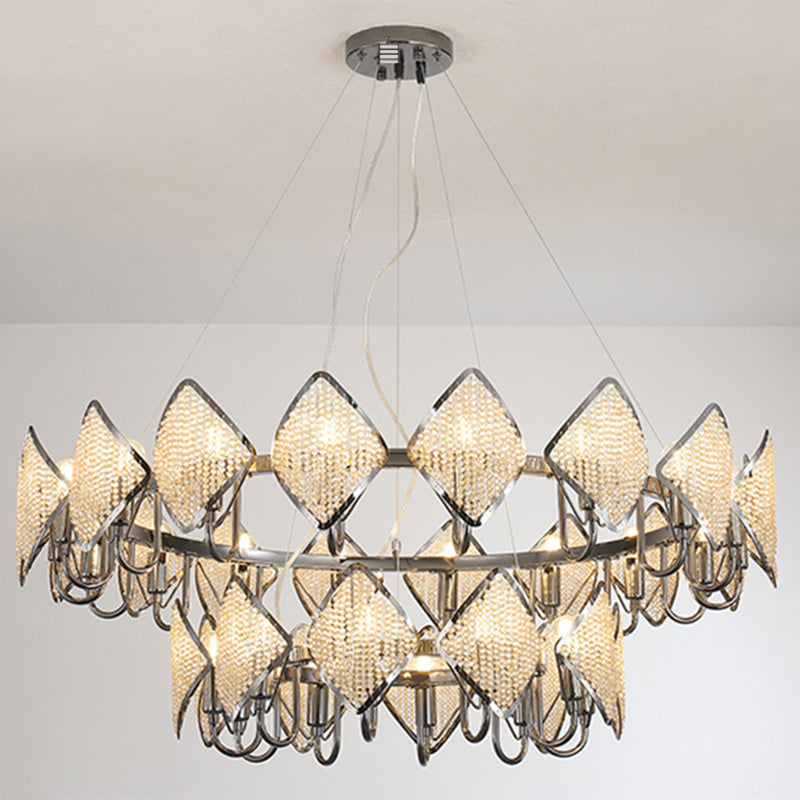Postmodern Ring Ceiling Chandelier With Rhombus Crystal Shade - Elegant Metal Living Room Light