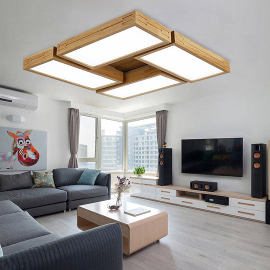 Minimalist Wood Ceiling Mounted Light With Acrylic Diffuser - Beige Rectangle Shape 1/4 Lights