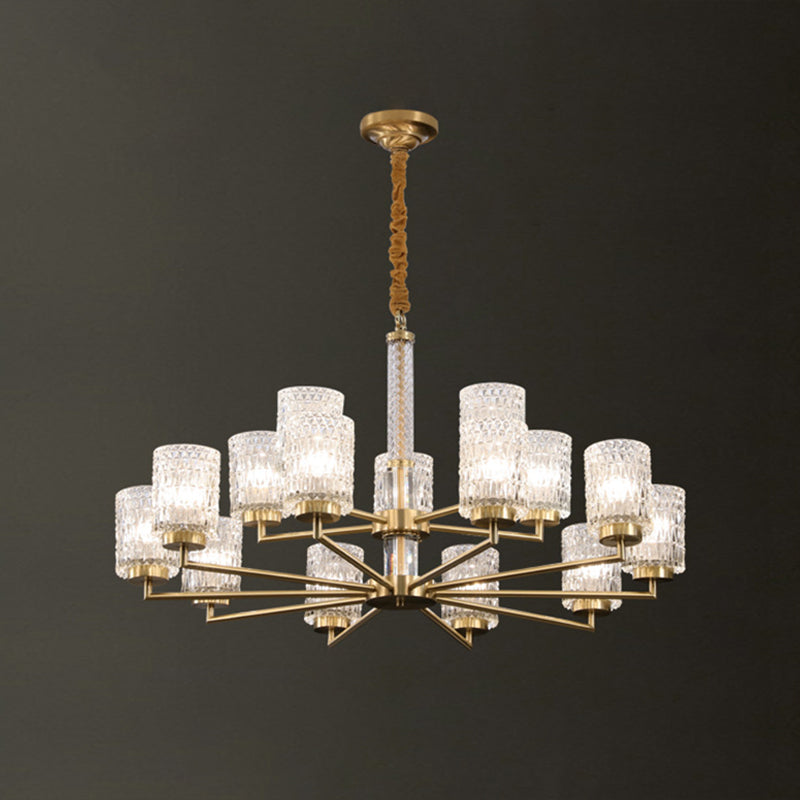 Modern Cylindrical Pendant Chandelier With Beveled Crystal In Gold – Ideal For Living Rooms