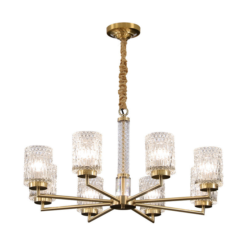 Modern Cylindrical Pendant Chandelier With Beveled Crystal In Gold – Ideal For Living Rooms