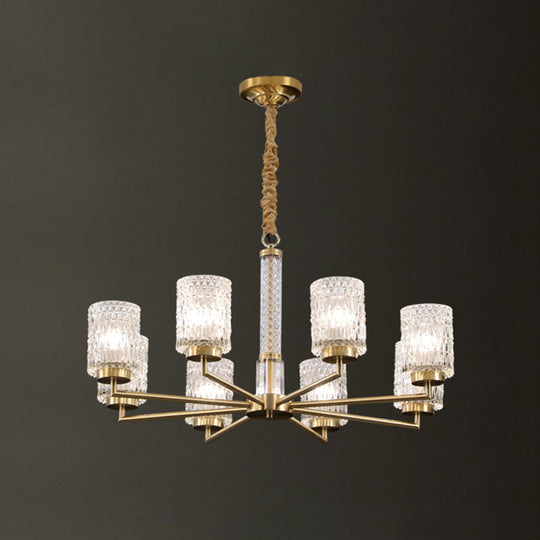 Modern Cylindrical Pendant Chandelier With Beveled Crystal In Gold – Ideal For Living Rooms