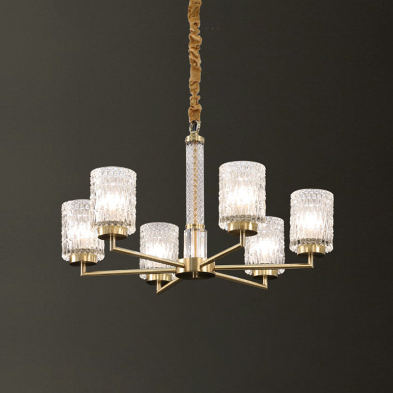 Modern Cylindrical Pendant Chandelier With Beveled Crystal In Gold – Ideal For Living Rooms