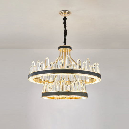 Minimalist Black Crystal Pendant Chandelier For Living Room Décor / 2 Tiers 31.5’’