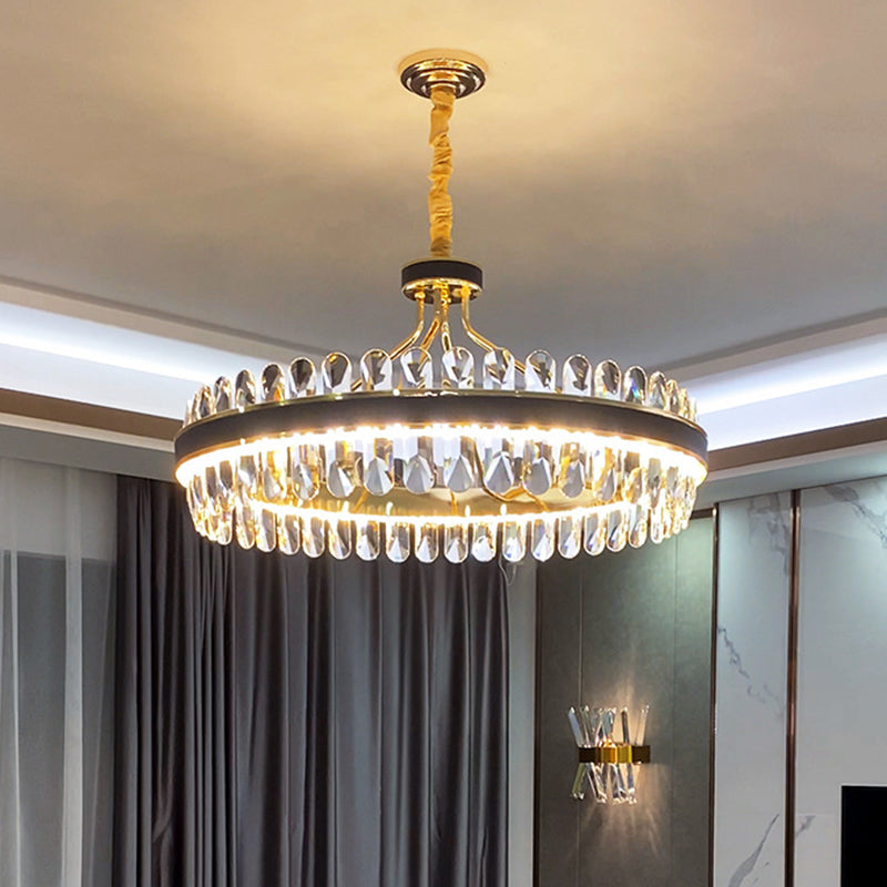 Simplicity Ring Led Chandelier Light With K9 Crystal Gold-Black Pendant Fixture For Living Room