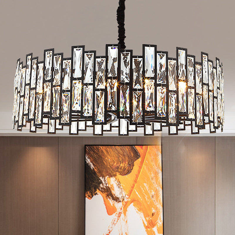 Minimalist Black Crystal Chandelier Pendant Light For Living Room - Drum Shaped Beveled Design