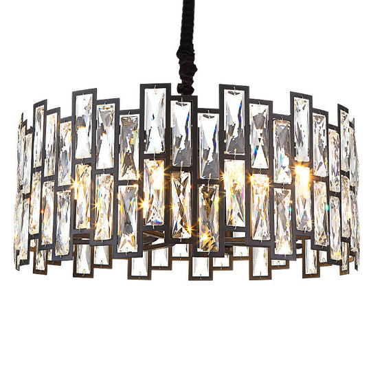 Minimalist Black Crystal Chandelier Pendant Light For Living Room - Drum Shaped Beveled Design /