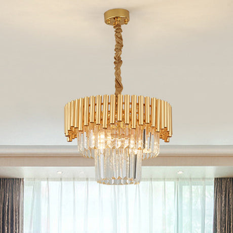 Artistic Crystal Round Chandelier Light In Gold Tiered Suspension For Living Room