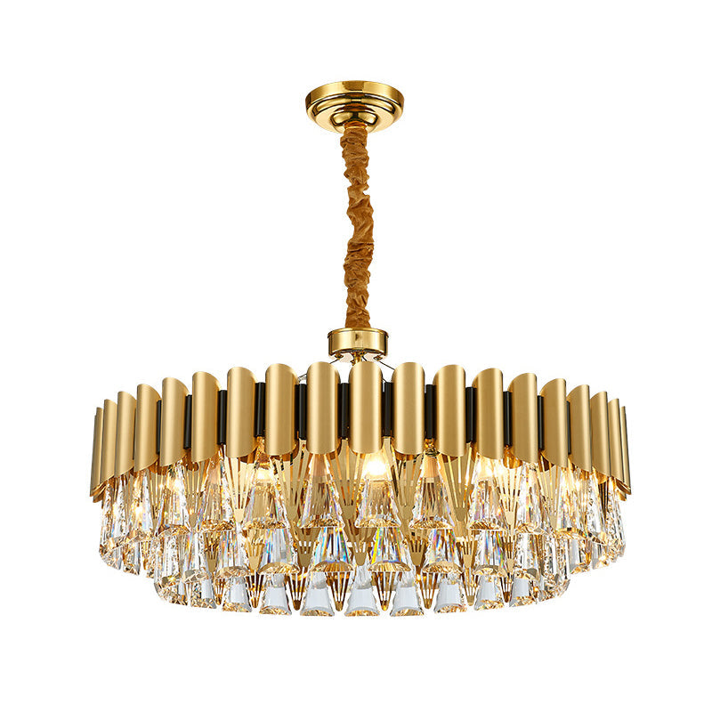 Gold Tiered Chandelier Pendant Light With Minimalist Tri-Prism Crystal For Living Room