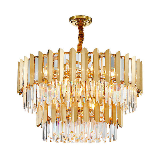 Postmodern Gold Chandelier - Prismatic Crystal Drum Ceiling Light Fixture / 2 Tiers 31.5’