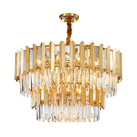 Gold Prismatic Crystal Drum Ceiling Light - Postmodern Chandelier Fixture / 2 Tiers 31.5