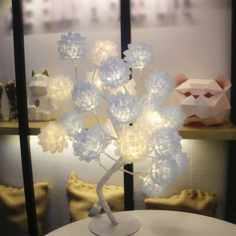 Girls Floral Usb Nightstand Lamp - Elegant Tulle Decor And Led Lighting Blue-White /