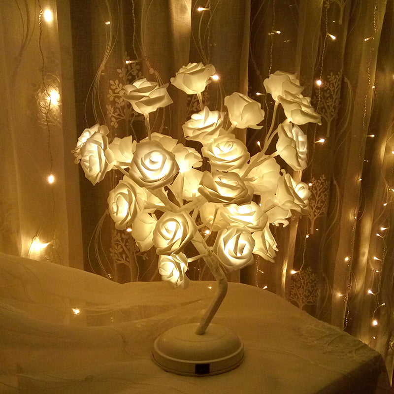 Tree Branch Usb Table Lamp With Led Nightstand Light And Decorative Rose For Bedroom Decor White /