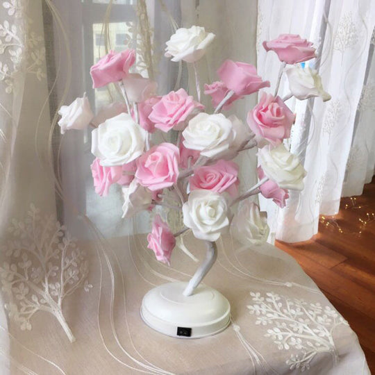 Tree Branch Usb Table Lamp With Led Nightstand Light And Decorative Rose For Bedroom Decor