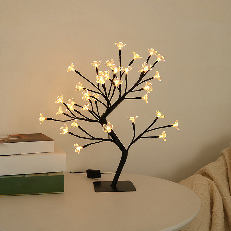 Metallic Tree Branch Led Table Lamp Black Usb Nightstand Light With Plastic Flower Décor - Modern
