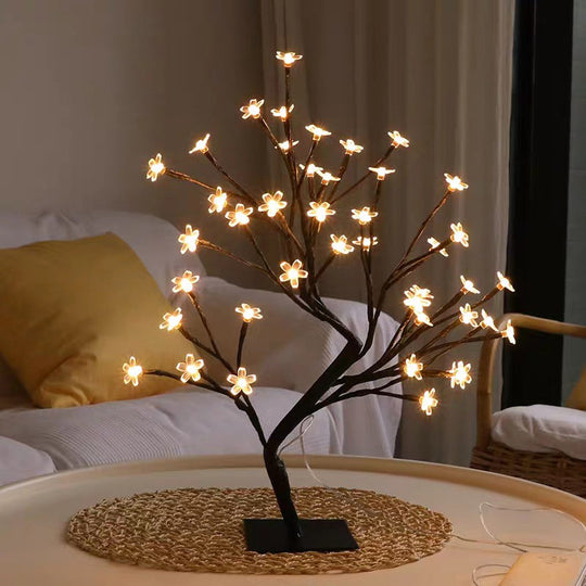 Metallic Tree Branch Led Table Lamp Black Usb Nightstand Light With Plastic Flower Décor - Modern