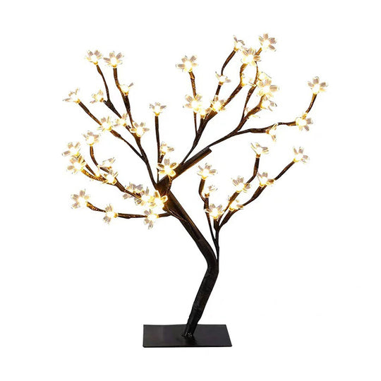 Metallic Tree Branch Led Table Lamp Black Usb Nightstand Light With Plastic Flower Décor - Modern