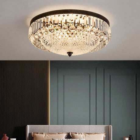 Modern Black Cut-Crystal Flush Mount Lamp For Bedroom Ceiling Lighting / Clear