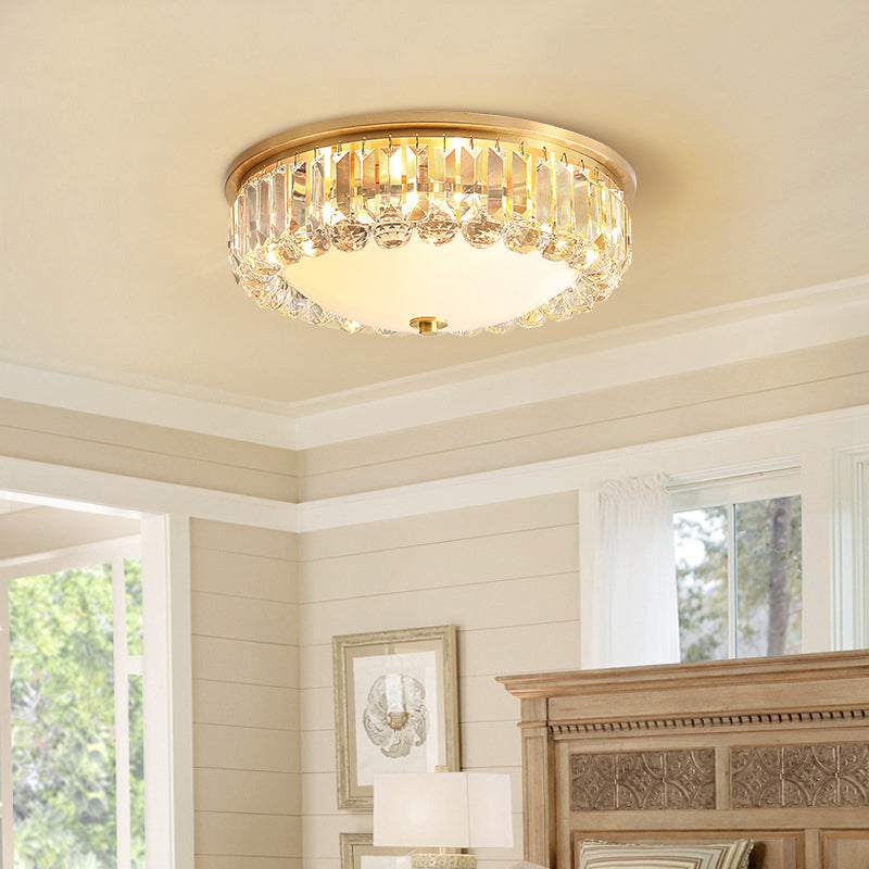 Gold Milk Glass Dome Ceiling Mount Light With Crystal Accent - Postmodern 4-Bulb Flush Lamp