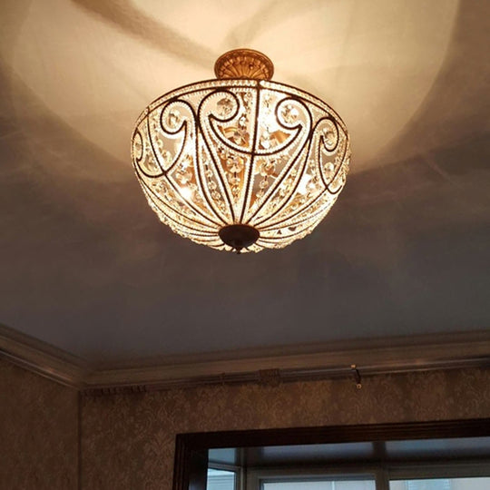 Rustic Crystal Bead Ceiling Lamp - Antiqued Gold Hemisphere 5 Lights Ideal For Dining Room