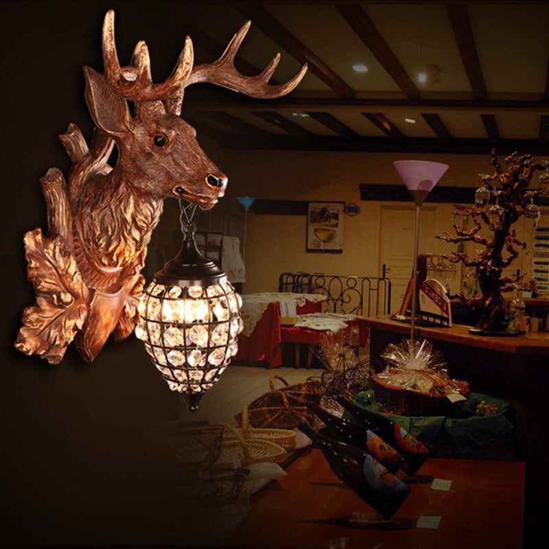 Rustic Resin Deer Head Bistro Wall Sconce: Single Mount Light With Crystal Oval Shade Brown / 10