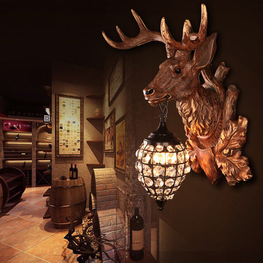 Rustic Resin Deer Head Bistro Wall Sconce: Single Mount Light With Crystal Oval Shade