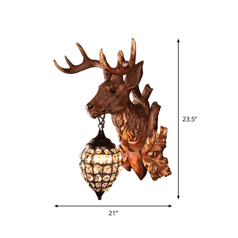 Rustic Resin Deer Head Bistro Wall Sconce: Single Mount Light With Crystal Oval Shade