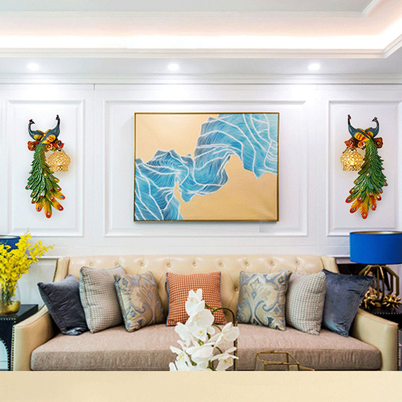 Rustic Crystal-Encrusted Lantern Wall Lamp: Multicolored Peacock Deco 1-Light Sconce For Living Room