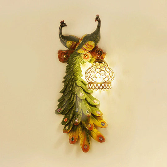 Rustic Crystal-Encrusted Lantern Wall Lamp: Multicolored Peacock Deco 1-Light Sconce For Living Room