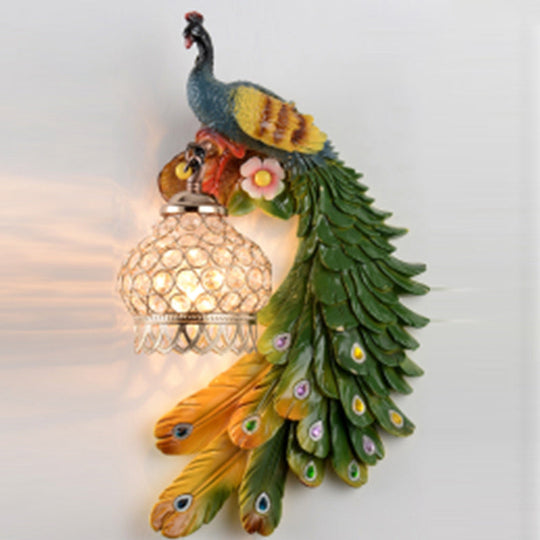 Rustic Crystal-Encrusted Lantern Wall Lamp: Multicolored Peacock Deco 1-Light Sconce For Living Room