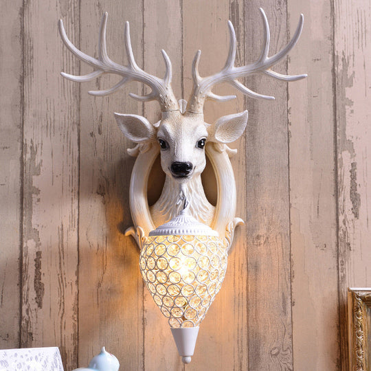 Deer Head Wall Light Fixture: Resin Sconce With Crystal Shade