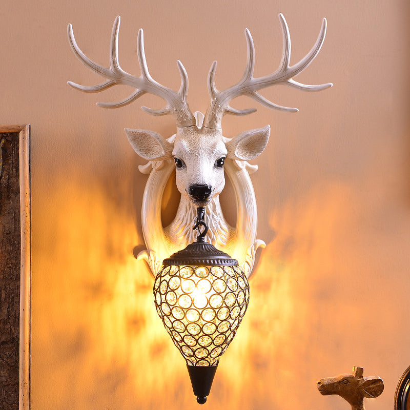Deer Head Wall Light Fixture: Resin Sconce With Crystal Shade White / Black