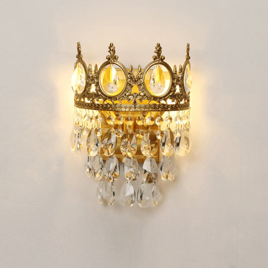 Antique Gold Crown Living Room Wall Light With Teardrop Crystal Accents - 3-Bulb Metal Sconce