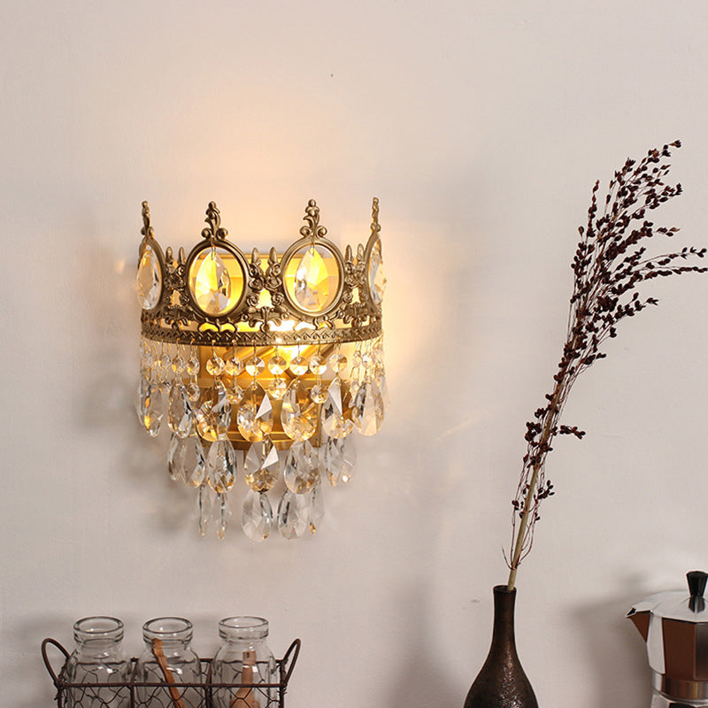 Antique Gold Crown Living Room Wall Light With Teardrop Crystal Accents - 3-Bulb Metal Sconce
