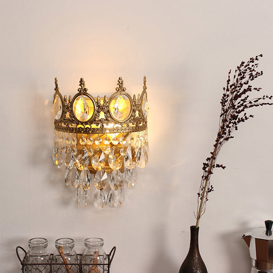 Antique Gold Crown Living Room Wall Light With Teardrop Crystal Accents - 3-Bulb Metal Sconce
