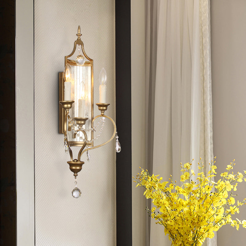 French Country Candle Sconce Lamp 3-Light Metallic Wall In Gold With Crystal Decoration
