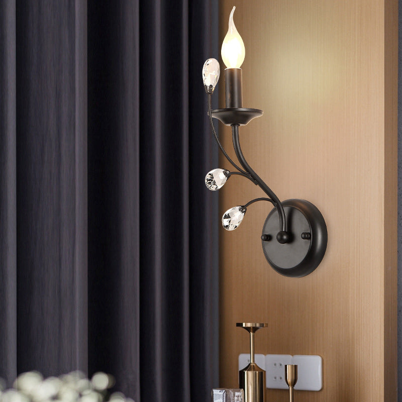 Farmhouse Black Metal Wall Light - Single-Bulb Candle Sconce With Crystal Twig Accents / B