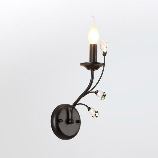 Farmhouse Black Metal Wall Light - Single-Bulb Candle Sconce With Crystal Twig Accents
