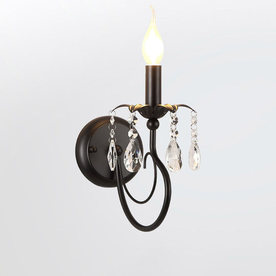 Farmhouse Black Metal Wall Light - Single-Bulb Candle Sconce With Crystal Twig Accents / C