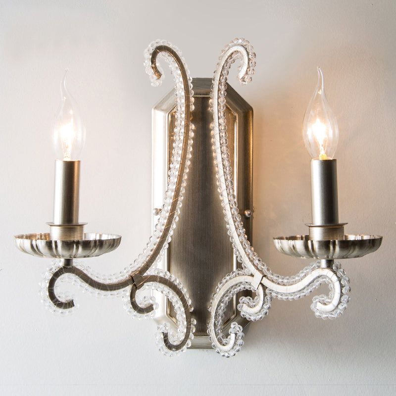 Rustic Metal Wall Mounted Sconce With Crystal Bead Accent - Bedside Candle Light Fixture 2 / Silver