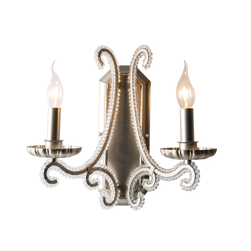 Rustic Metal Wall Mounted Sconce With Crystal Bead Accent - Bedside Candle Light Fixture