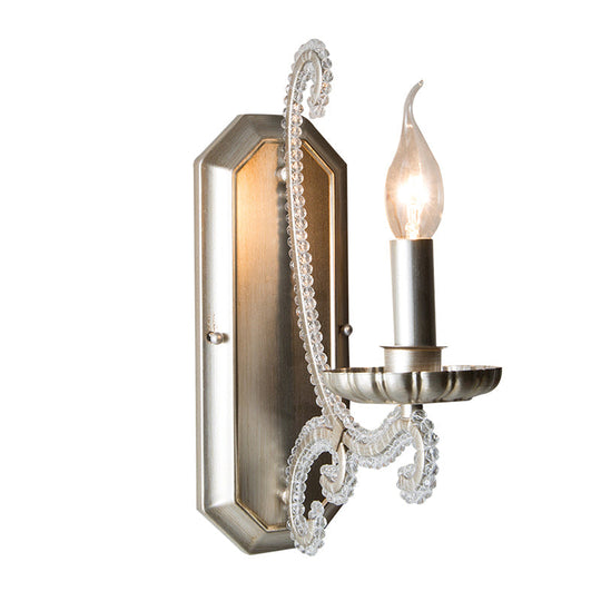 Rustic Metal Wall Mounted Sconce With Crystal Bead Accent - Bedside Candle Light Fixture