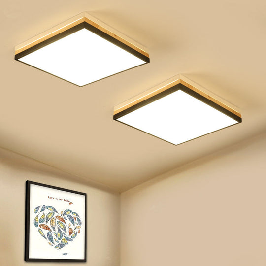 Contemporary Wood Black Led Flush Mount Lamp - Wide Square Design (16’/19.5’/23.5’)