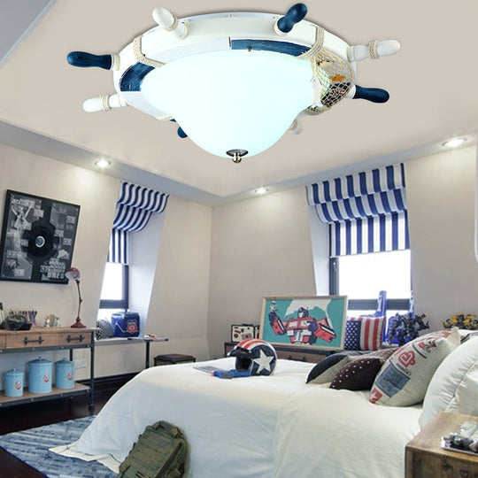 Cartoon Style Rudder Flush Ceiling Light - Led Metal Lamp For Children’s Room White/Blue With