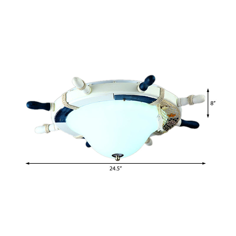 Cartoon Style Rudder Flush Ceiling Light - Led Metal Lamp For Childrens Room White/Blue With Frosted