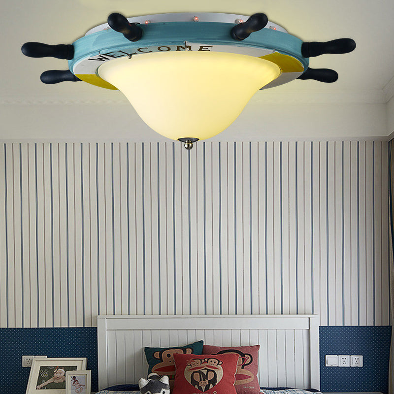 Cartoon Style Rudder Flush Ceiling Light - Led Metal Lamp For Children’s Room White/Blue With
