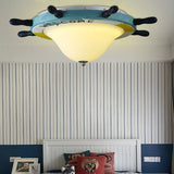 Cartoon Style Rudder Flush Ceiling Light - Led Metal Lamp For Childrens Room White/Blue With Frosted