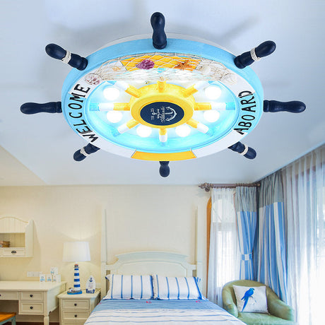 Stylish Wooden Rudder Led Ceiling Light Fixture In Sky Blue/White - Flush Mount