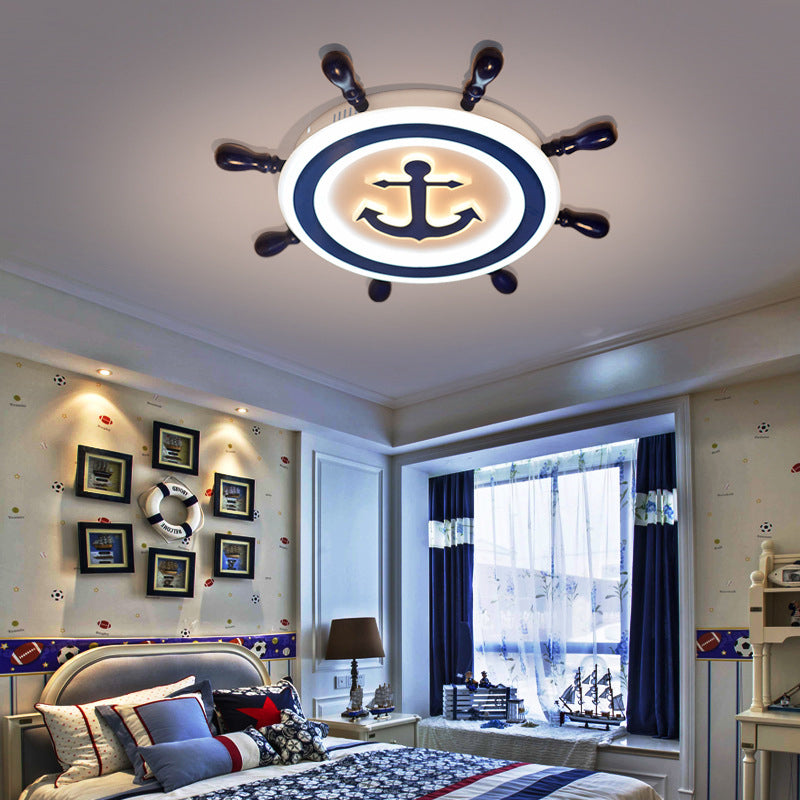 Cartoon Style Blue Round Led Flush Mount Light Fixture With Wood And Acrylic Accents Rudder Design