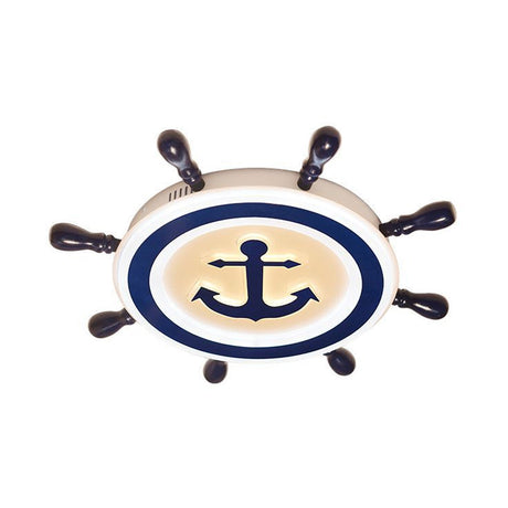 Cartoon Style Blue Round Led Flush Mount Light Fixture With Wood And Acrylic Accents Rudder Design